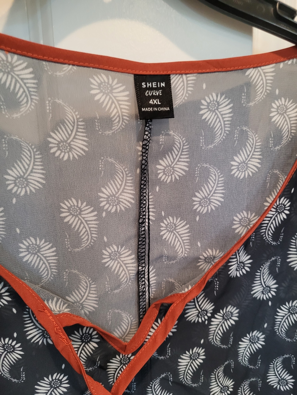 2 SHEIN Blouses-Lighweight Black & White Printed V-Neck Tunic with Orange Trim - Picture 6 of 11